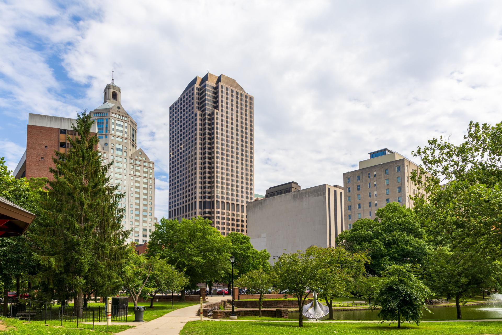 The Harford city skyline as seen from Bushnell Park, Hartford