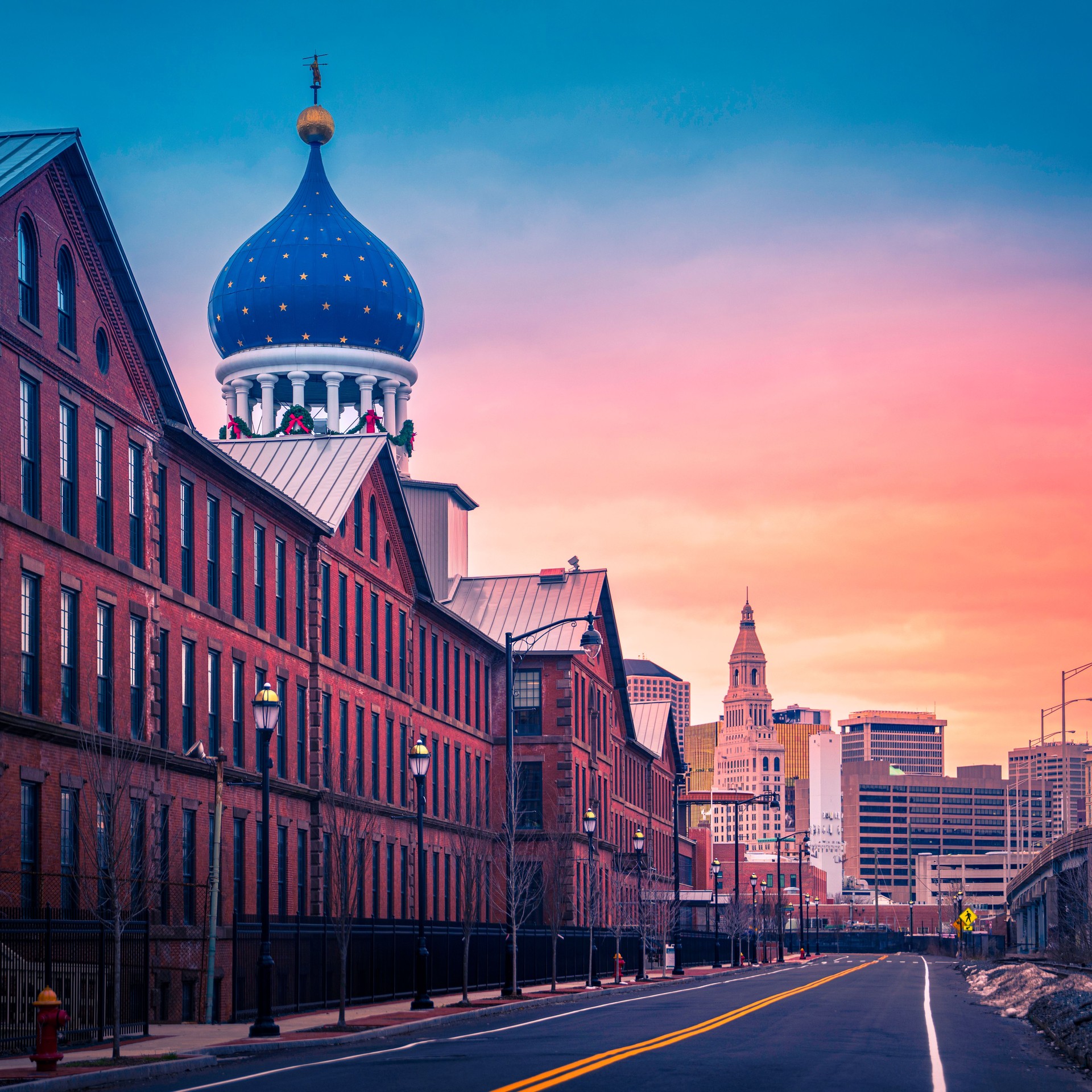 Sunrise over Hartford City Skyline and historic landmark buildings in Connecticut